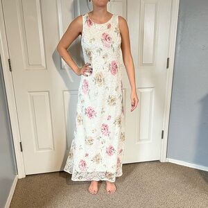 Vintage 90s Teddi cream lace pink floral rose maxi dress size 8